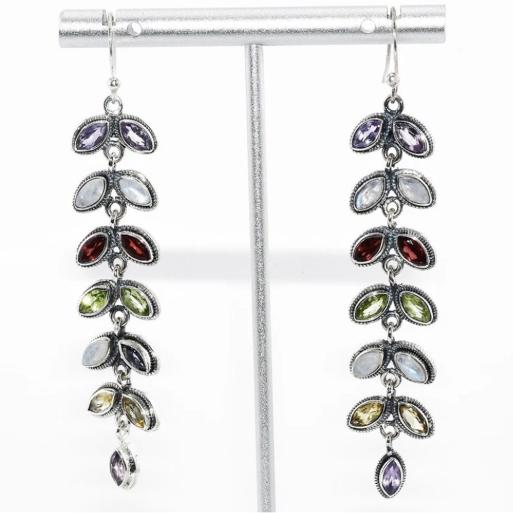 $600 .925 Sterling Silver 7.75CT Natural Mixed Gemstones Cluster Dangle Earrings